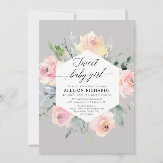 赤面ピンク灰色のフローラ水色の女の子の赤ちゃんシャワー 招待状 (正面)