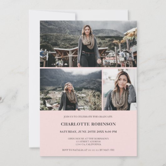 赤面ピンク灰色の卒業生のスクリプト写真の卒業 招待状 (裏面)