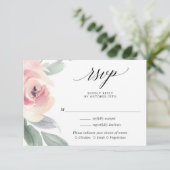赤面ピンク灰色フローラエレガントな結婚式RSVP エンクロージャーカード (スタンド正面)