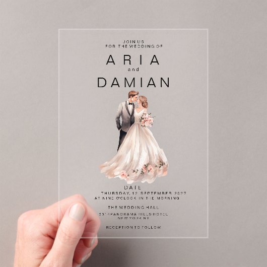 赤面ピンク灰色フローラカップル写真結婚の アクリル招待状 (インサイチュ (ポータブル))