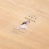 赤面ピンク灰色フローラカップル写真結婚の アクリル招待状 (レイダウン)