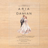 赤面ピンク灰色フローラカップル写真結婚の アクリル招待状 (正面)