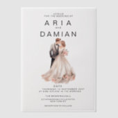 赤面ピンク灰色フローラカップル写真結婚の ベラム紙招待状 (正面)