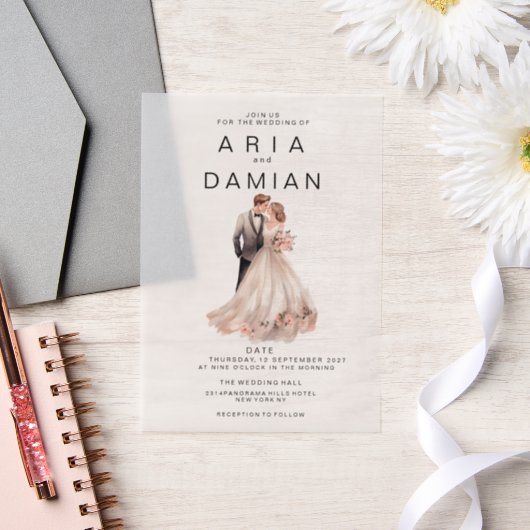 赤面ピンク灰色フローラカップル写真結婚の ベラム紙招待状 (ウェディング)