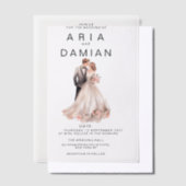 赤面ピンク灰色フローラカップル写真結婚の ベラム紙招待状 (オフセット)