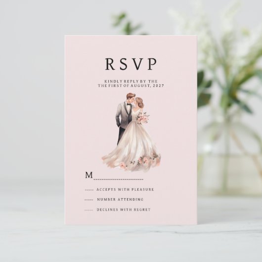 赤面ピンク灰色フローラカップル写真RSVP 招待状 (スタンド正面)