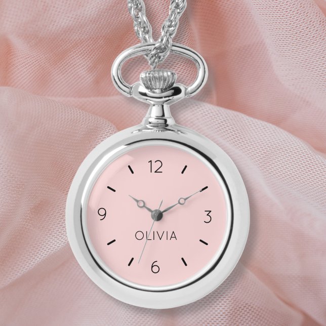 赤面ピンク無地のカラー名前をカスタムする時計 腕時計 (Easily personalize this pretty blush pink necklace watch or remove the name completely. )