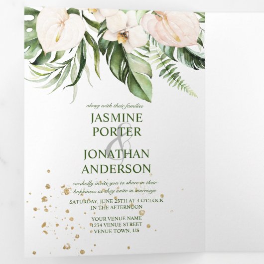 赤面ピンク熱帯緑の写真結婚 三つ折り招待状 (内部最初)