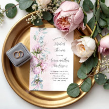 赤面ピンク牡丹と緑のブライダルシャワー