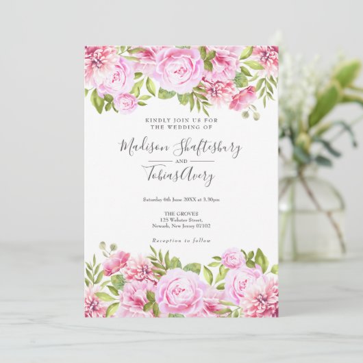 赤面ピンク牡丹の緑のフローラの写真結婚 招待状 (スタンド正面)