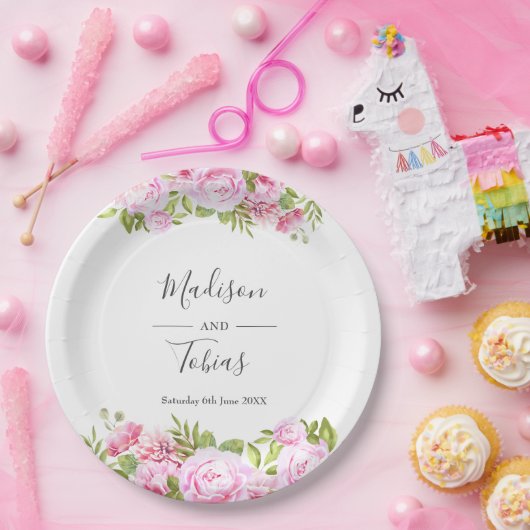 赤面ピンク牡丹の緑のフローラ ペーパープレート (パーティー)