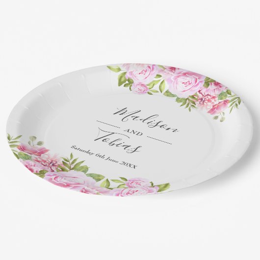 赤面ピンク牡丹の緑のフローラ ペーパープレート (アングル)