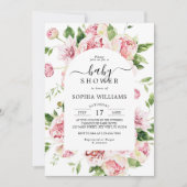 赤面ピンク牡丹の花ベビーシャワー 招待状 (正面)