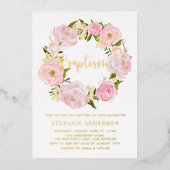 赤面ピンク牡丹の花リースベビーガールバプテスマ 箔招待状 (正面)