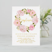 赤面ピンク牡丹の花リースベビーガールバプテスマ 箔招待状 (立ち正面)