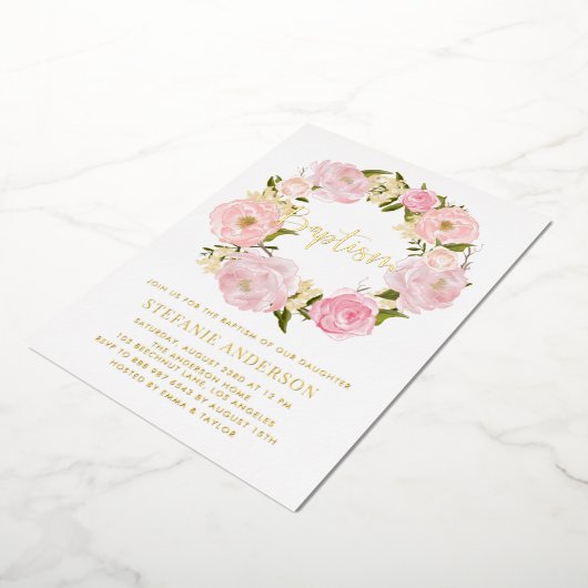 赤面ピンク牡丹の花リースベビーガールバプテスマ 箔招待状 (回転した状態)