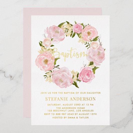 赤面ピンク牡丹の花リースベビーガールバプテスマ 箔招待状 (正面/裏面)