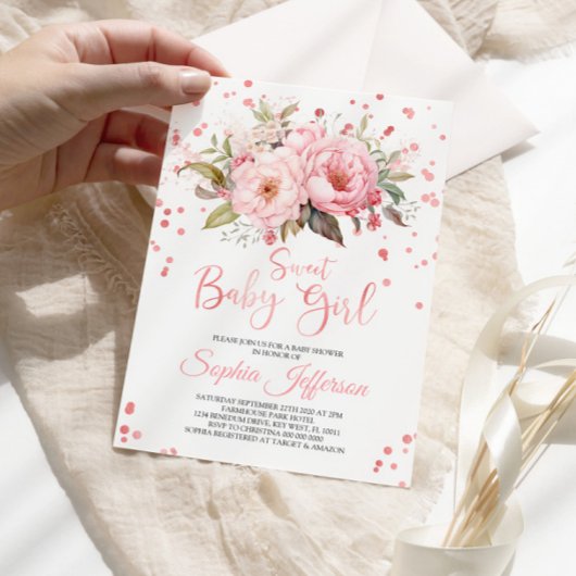 赤面ピンク牡丹の花甘い赤ちゃんガールシャワー 招待状