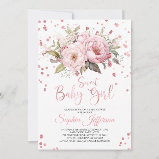 赤面ピンク牡丹の花甘い赤ちゃんガールシャワー 招待状 (正面)