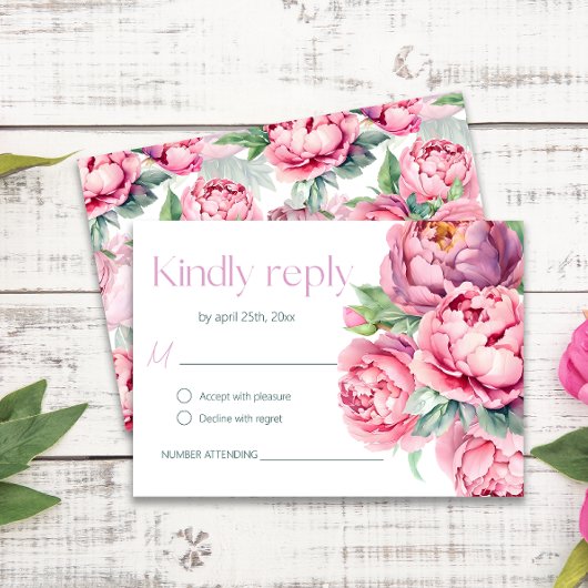 赤面ピンク牡丹ウォーター結婚カラー 出欠カード