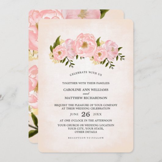 赤面ピンク牡丹ウォーター結婚カラー 招待状 (正面/裏面)