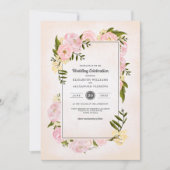 赤面ピンク牡丹ウォーター結婚カラー 招待状 (正面)