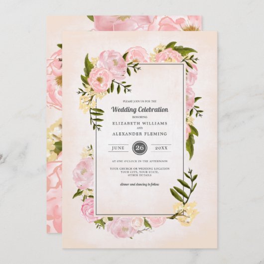 赤面ピンク牡丹ウォーター結婚カラー 招待状 (正面/裏面)