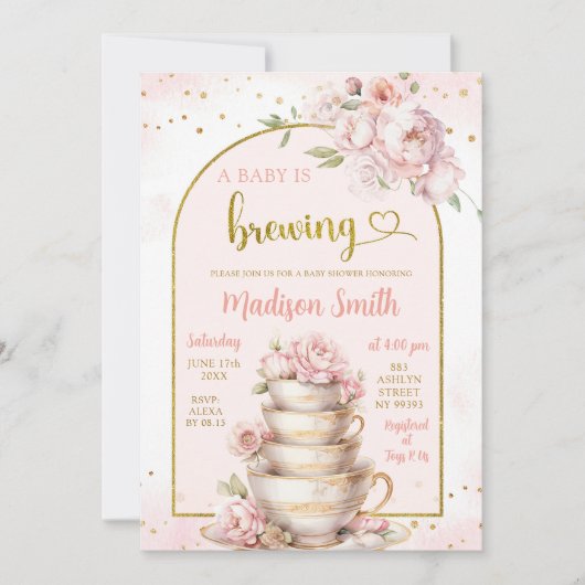 赤面ピンク牡丹ティーパーティーベビーシャワー 招待状 (正面)