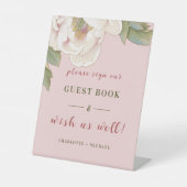 赤面ピンク牡丹フローラの結婚ゲストブックペデスタル 台座サイン (正面)