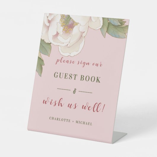 赤面ピンク牡丹フローラの結婚ゲストブックペデスタル 台座サイン (正面)