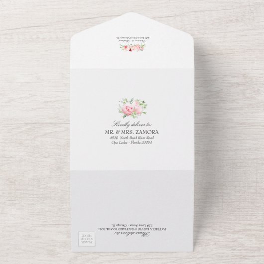 赤面ピンク牡丹フローラ幾何結婚体 オールインワン招待状 (外側)