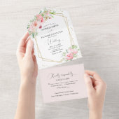 赤面ピンク牡丹フローラ幾何結婚体 オールインワン招待状 (貼ってはがせる)
