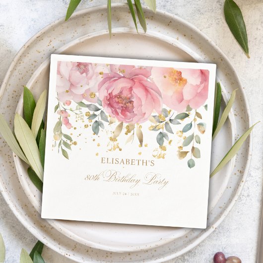 赤面ピンク牡丹フローラ80th誕生日パーティー スタンダードカクテルナプキン