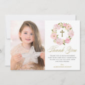 赤面ピンク牡丹リースファーストホーリーコミュニオン サンキューカード (正面)
