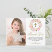 赤面ピンク牡丹リースファーストホーリーコミュニオン サンキューカード (スタンド正面)