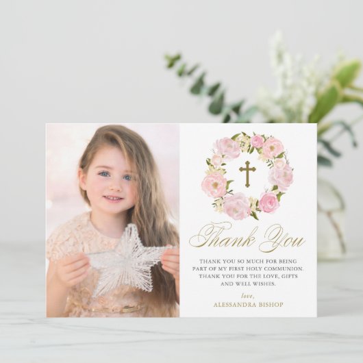 赤面ピンク牡丹リースファーストホーリーコミュニオン サンキューカード (スタンド正面)