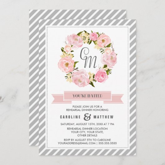 赤面ピンク牡丹リースリハーサルディナー 招待状 (正面/裏面)