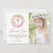 赤面ピンク牡丹リース金ゴールドファーストホーリーコミュニオン サンキューカード (正面)