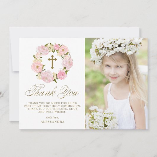 赤面ピンク牡丹リース金ゴールドファーストホーリーコミュニオン サンキューカード (正面)