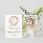 赤面ピンク牡丹リース金ゴールドファーストホーリーコミュニオン サンキューカード (スタンド正面)
