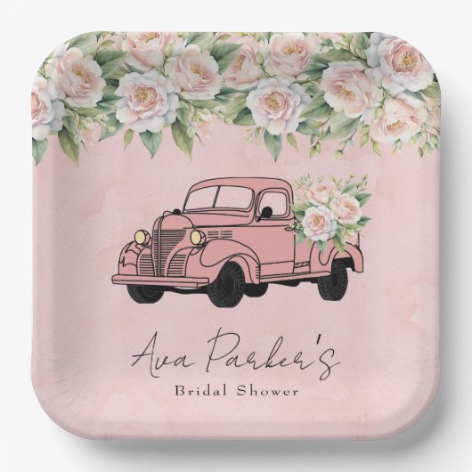 赤面ピンク牡丹ヴィンテージトラックブライダルシャワー ペーパープレート (正面)