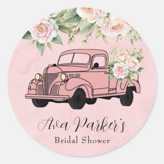 赤面ピンク牡丹ヴィンテージトラックブライダルシャワー ラウンドシール (正面)