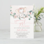 赤面ピンク甘い小さな女の子ゾウ赤ちゃんシャワー 招待状 (スタンド正面)