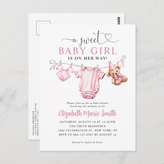 赤面ピンク甘い小さな服の女の子の赤ちゃんシャワー ポストカード (正面/裏面)