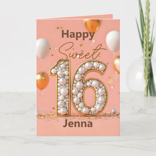 赤面ピンク甘い16金ゴールド真珠の数とバルーン カード (正面)