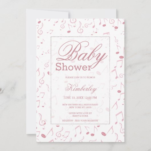 赤面ピンク白い水の色の音楽ノート赤ちゃんシャワー 招待状 (正面)