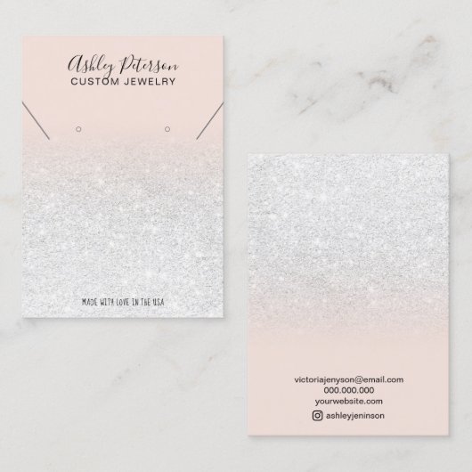 赤面ピンク白グリッターイヤリングのネックレス 名刺 (正面/裏面)