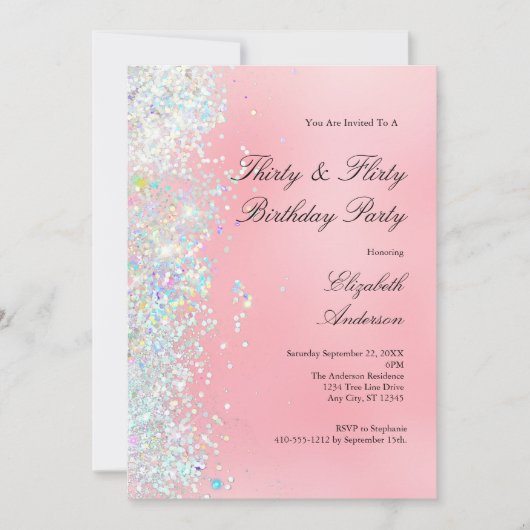 赤面ピンク白グリッター30th生気のあるそぶりをした児 招待状 (正面)