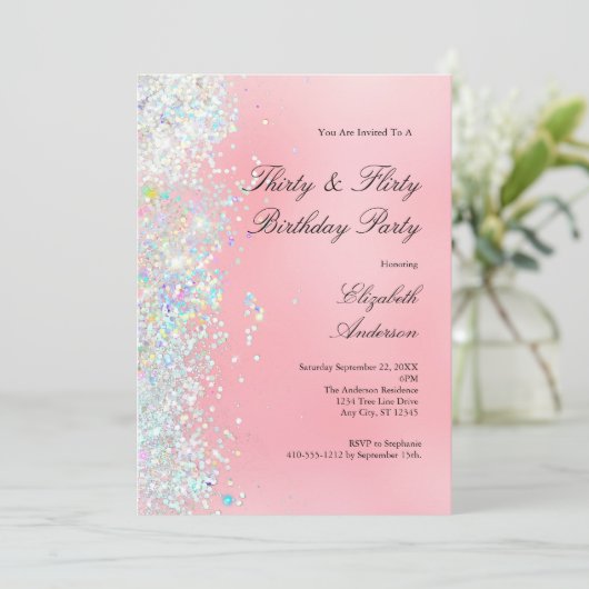 赤面ピンク白グリッター30th生気のあるそぶりをした児 招待状 (スタンド正面)