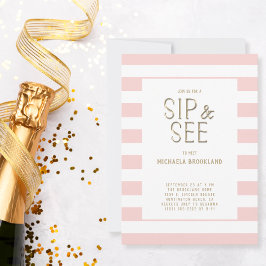 赤面ピンク白ストライプの赤ちゃんガールシップ&参照 招待状